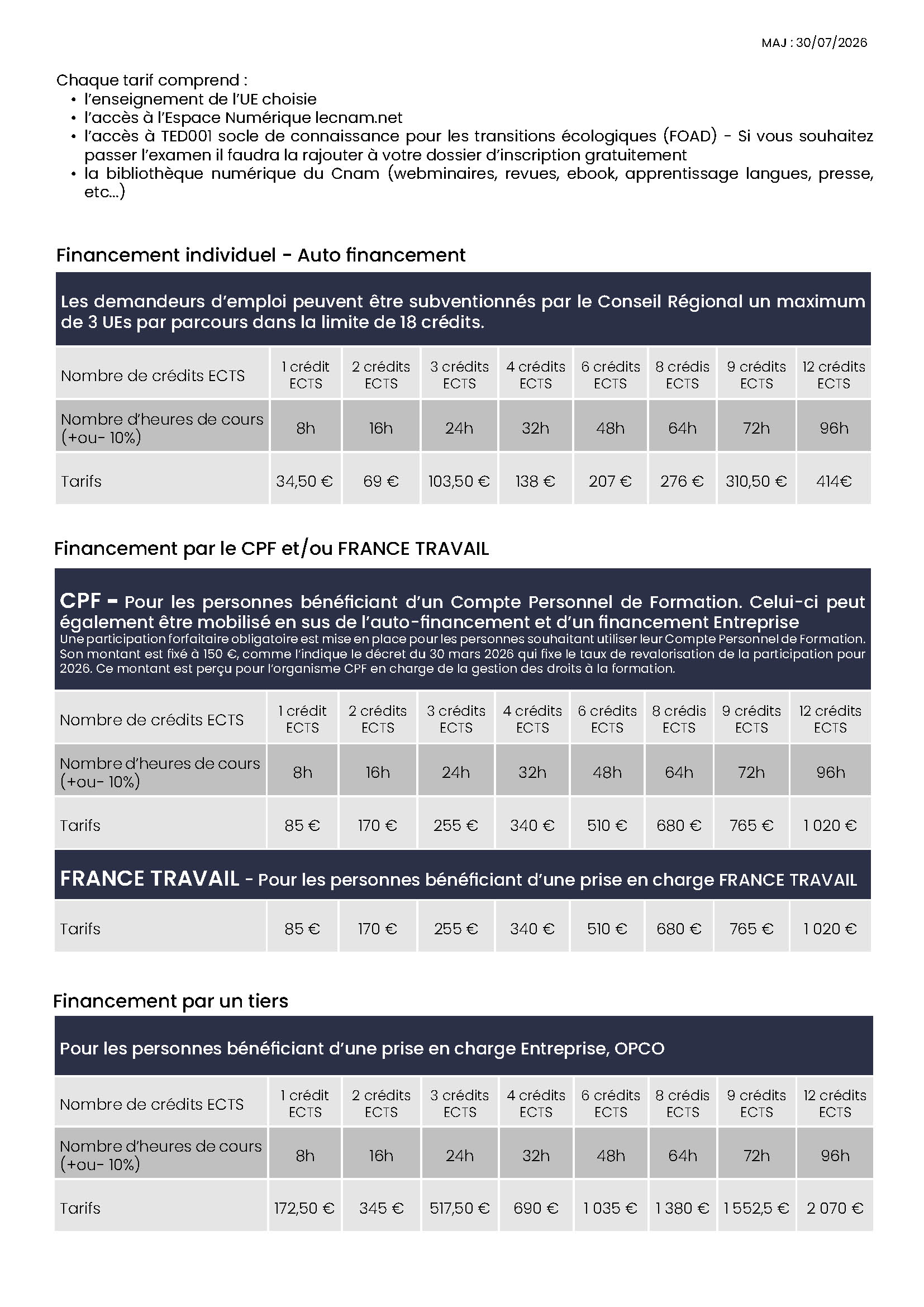 Tarif 2026-2027