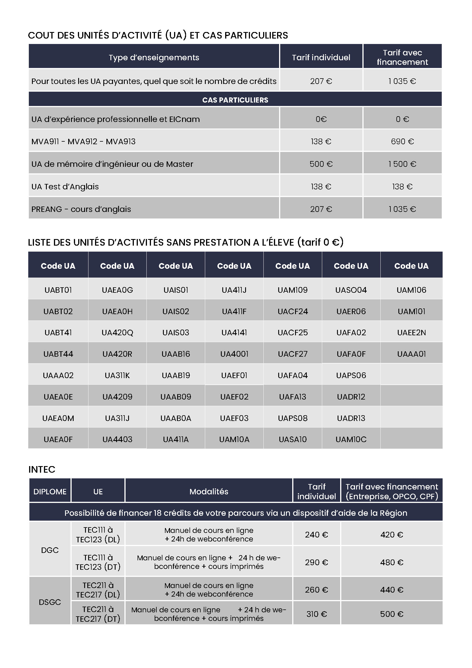 Tarif 2026-2027