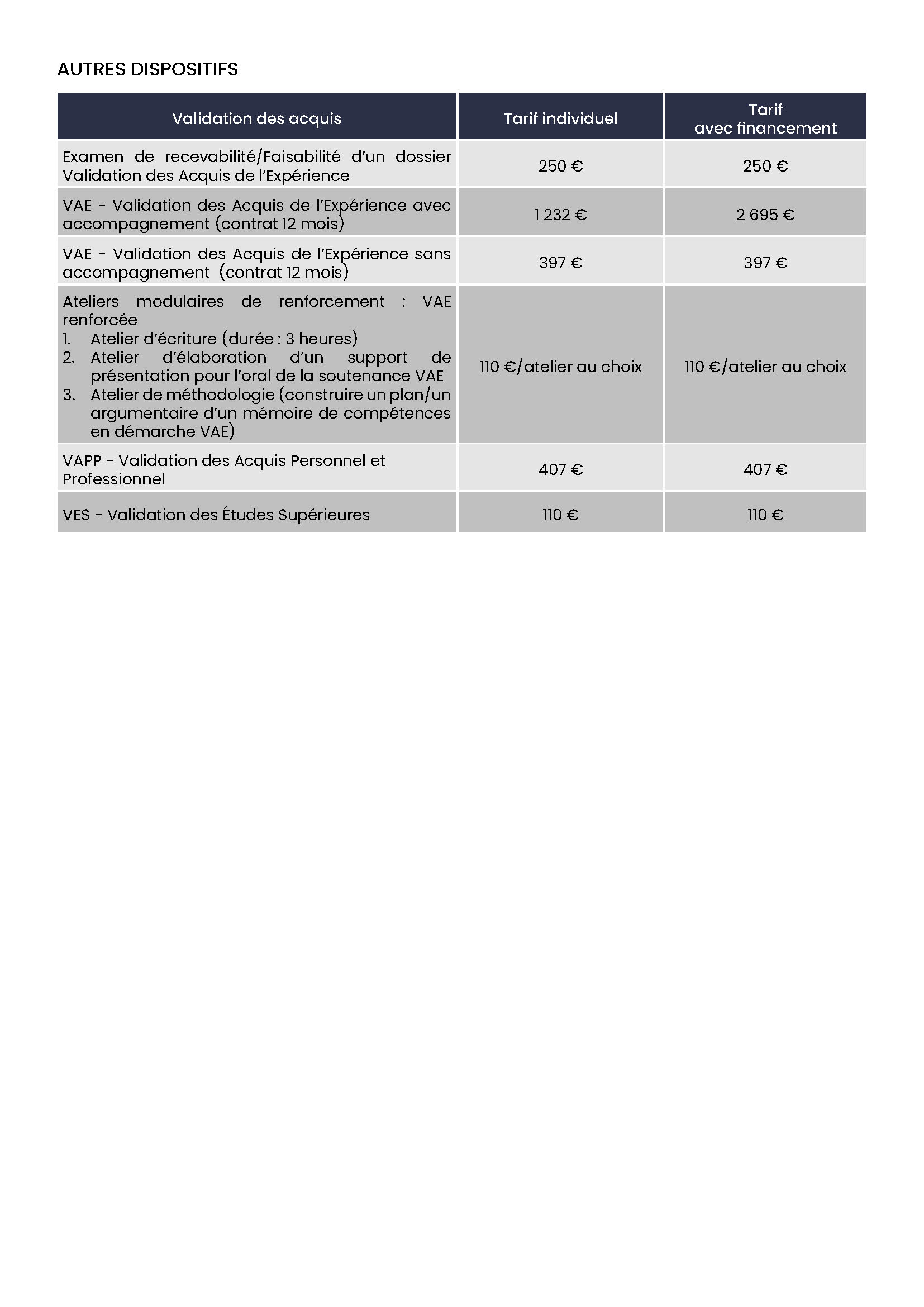 Tarif 2026-2027